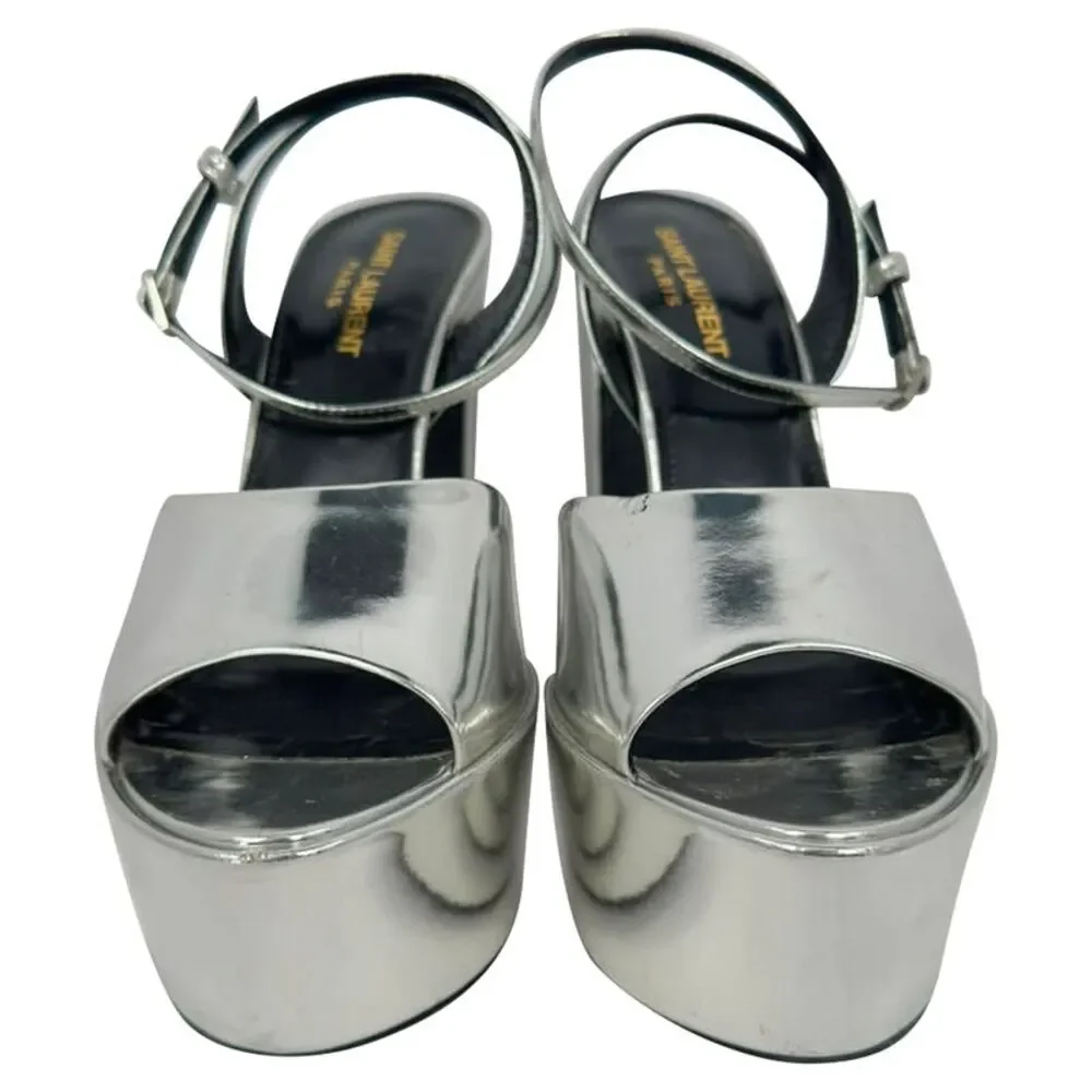 Saint Laurent Jodie Platform Sandals in Metallic Silver Patent Leather